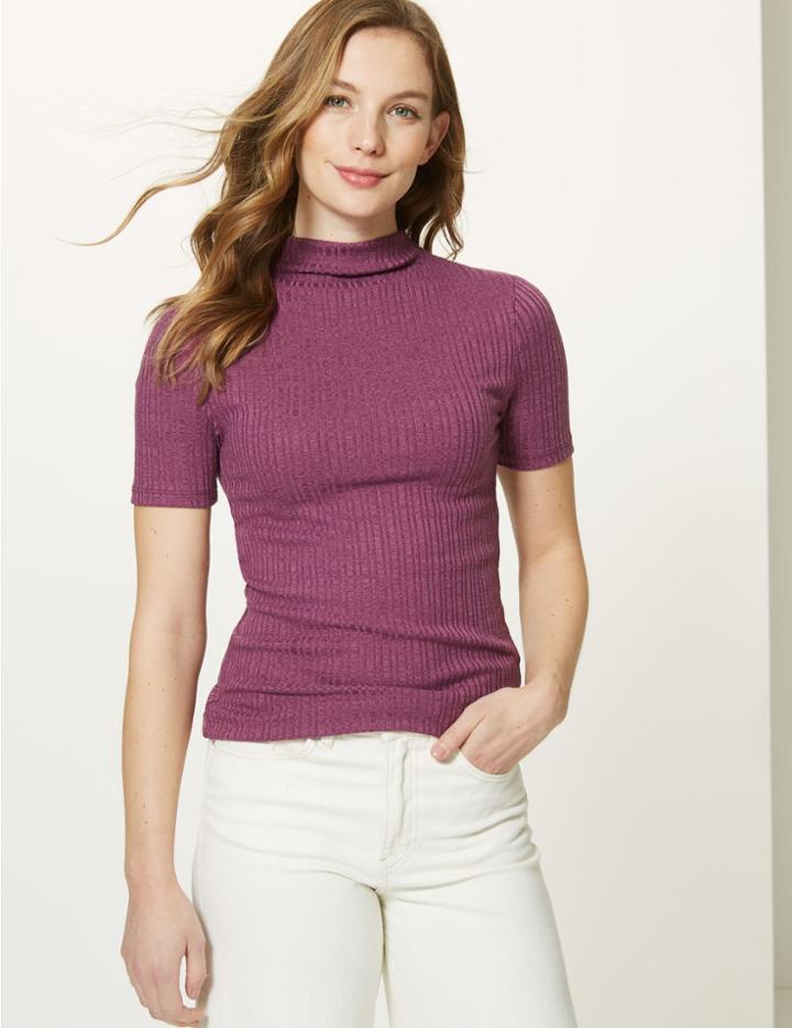 Marks & Spencer Textured Turtle Neck Short Sleeve Top Dark Magenta