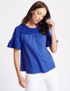 Marks & Spencer Pure Cotton Shirred Flare Sleeve T-shirt Cobalt