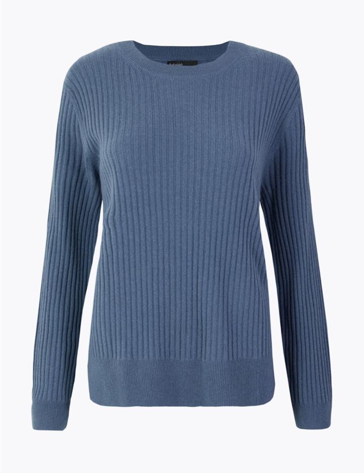 Marks & Spencer Pure Cashmere Ribbed Round Neck Jumper Slate Blue