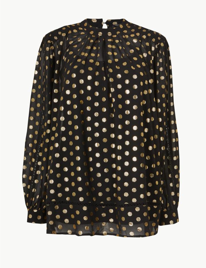 Marks & Spencer Polka Dot Long Sleeve Blouse Black