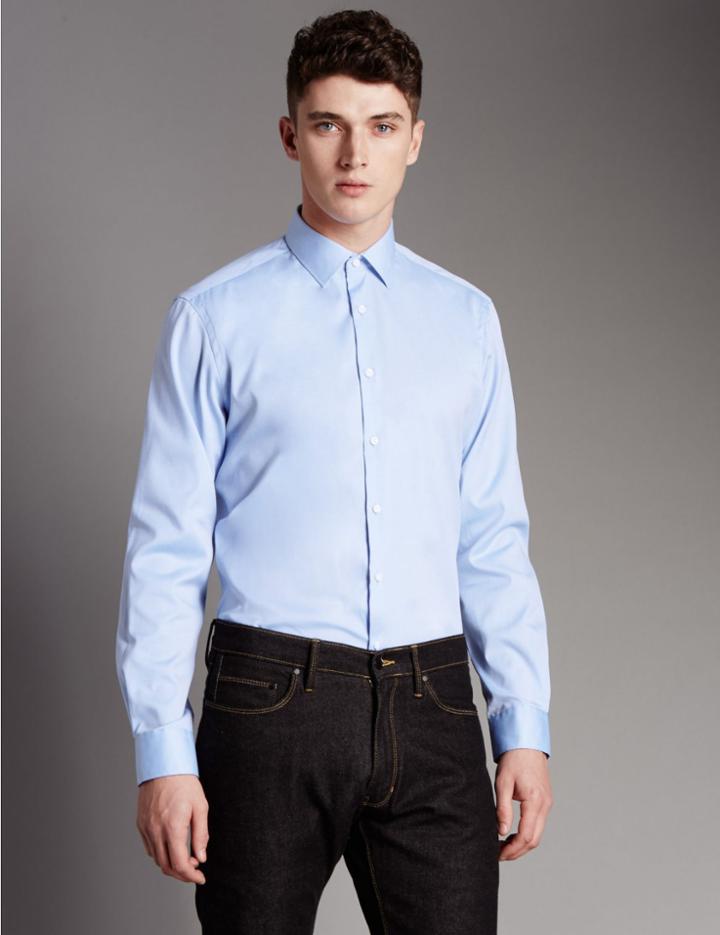 Marks & Spencer Pure Cotton Tailored Fit Shirt Blue