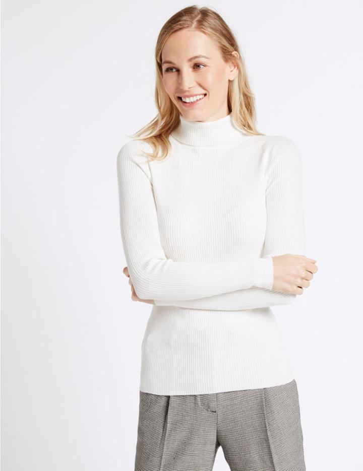 Marks & Spencer Ribbed Polo Neck Jumper Cream