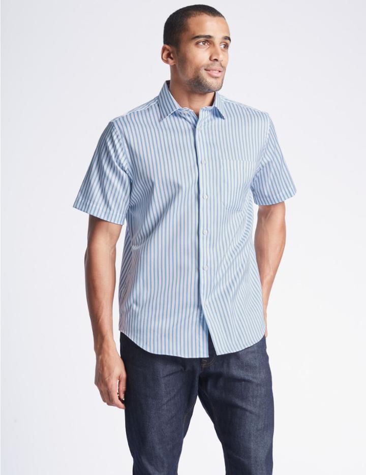 Marks & Spencer Pure Cotton Striped Shirt With Pocket Aqua Mix