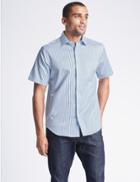 Marks & Spencer Pure Cotton Striped Shirt With Pocket Aqua Mix