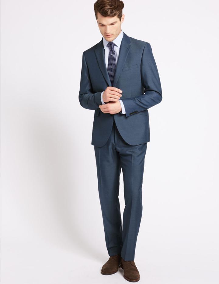 Marks & Spencer Blue Textured Tailored Fit Jacket Denim