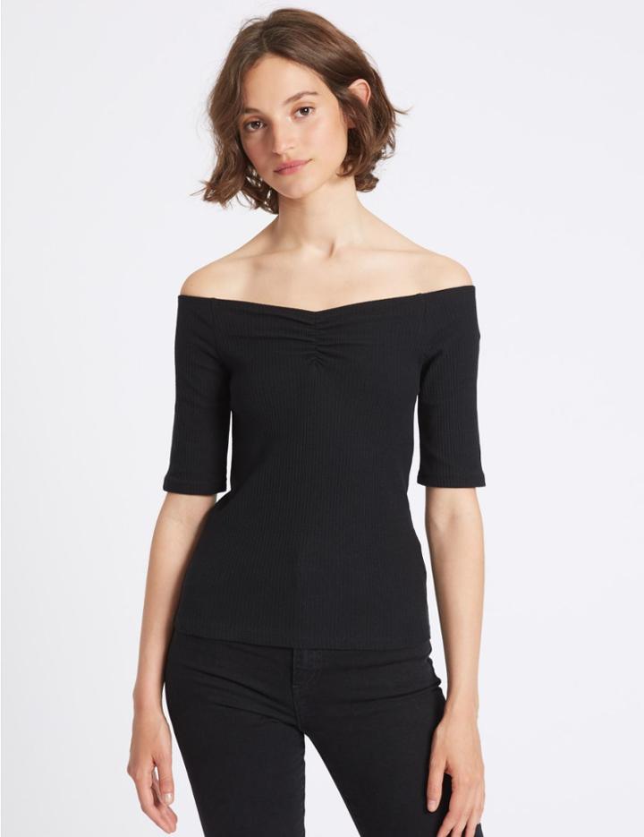 Marks & Spencer Cotton Rich Ribbed Half Sleeve Bardot Top Black