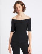 Marks & Spencer Cotton Rich Ribbed Half Sleeve Bardot Top Black