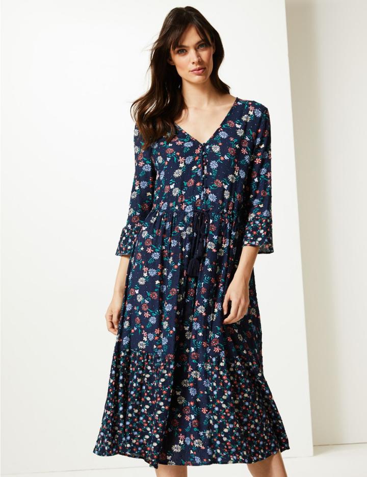 Marks & Spencer Floral Print Long Sleeve Relaxed Midi Dress Navy Mix