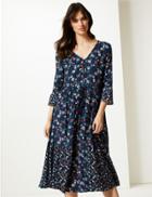 Marks & Spencer Floral Print Long Sleeve Relaxed Midi Dress Navy Mix