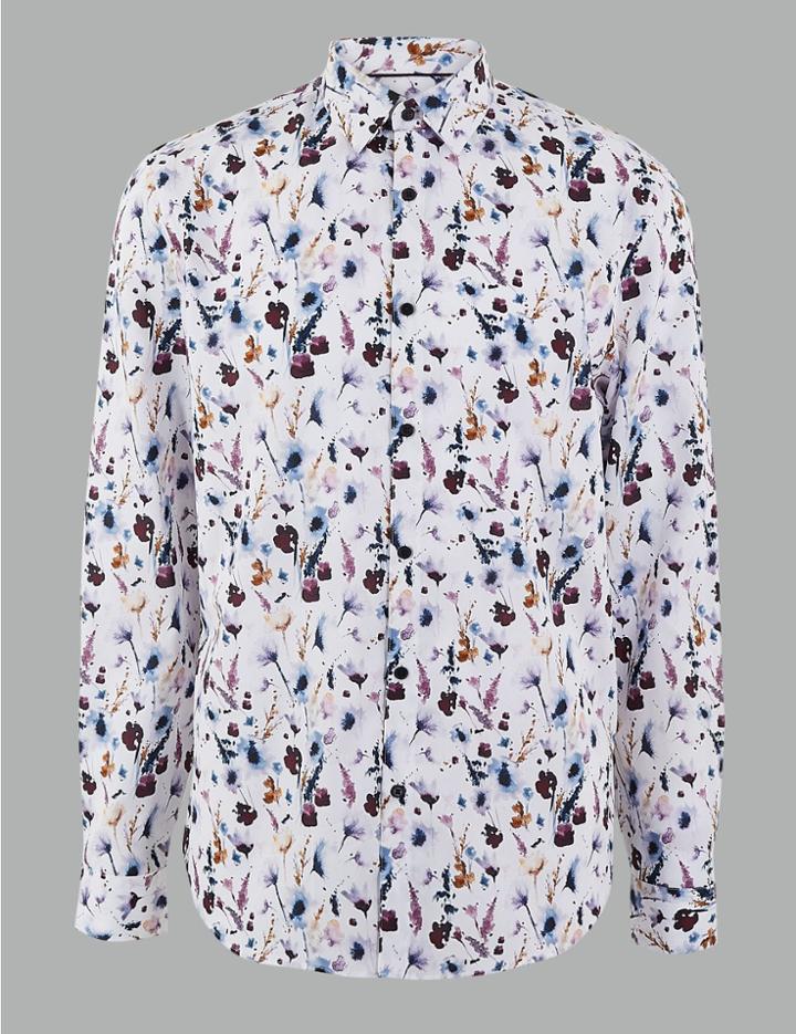 Marks & Spencer Cotton Watercolour Print Shirt White