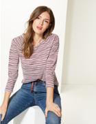 Marks & Spencer Striped Raglan Round Neck 3/4 Sleeve Top Plum Mix