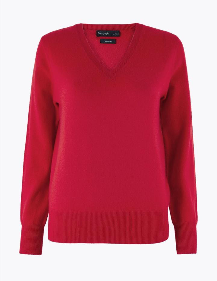 Marks & Spencer Pure Cashmere Relaxed V-neck Jumper Cerise