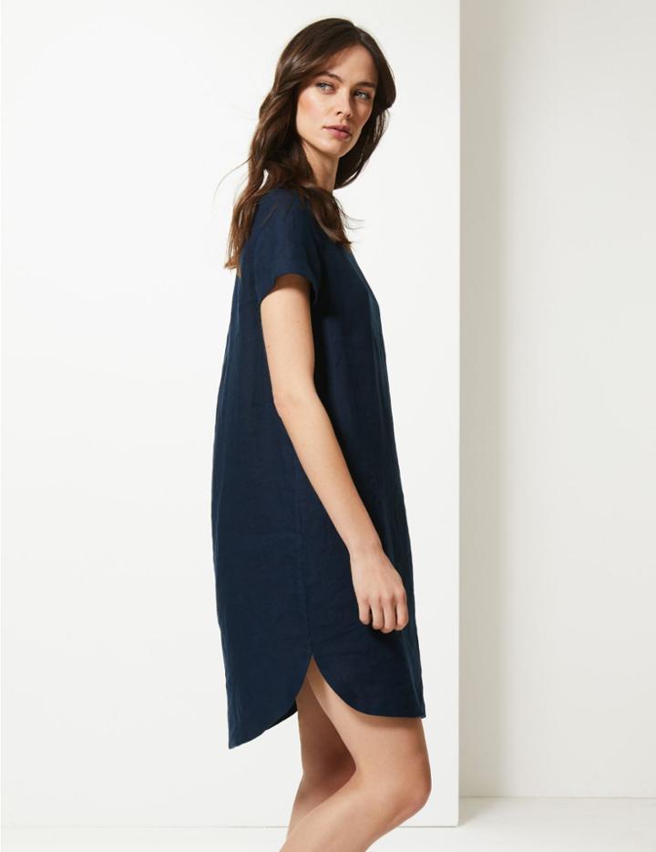 Marks & Spencer Pure Linen Short Sleeve Shift Dress Navy