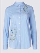 Marks & Spencer Cotton Rich Embroidered Stripe Shirt Blue Mix
