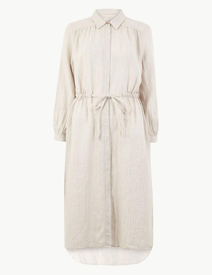 Marks & Spencer Petite Pure Linen Striped Shirt Midi Dress Oatmeal Mix