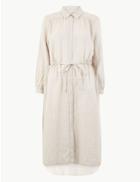 Marks & Spencer Petite Pure Linen Striped Shirt Midi Dress Oatmeal Mix