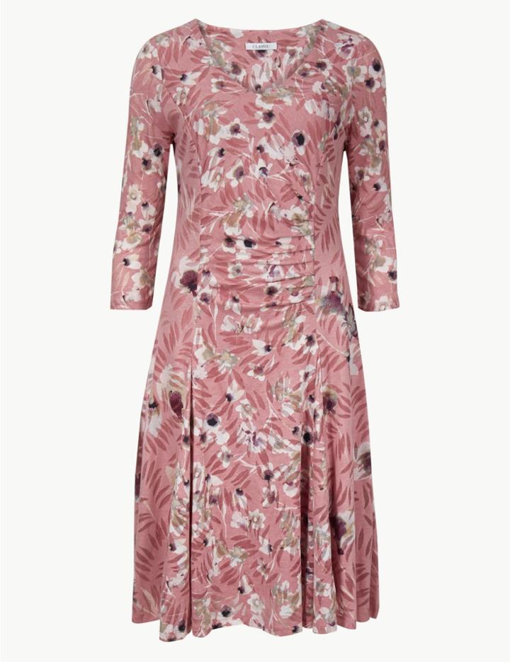 Marks & Spencer Cotton Blend Floral Print Waisted Dress Pink Mix