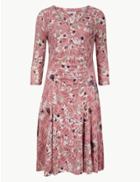 Marks & Spencer Cotton Blend Floral Print Waisted Dress Pink Mix