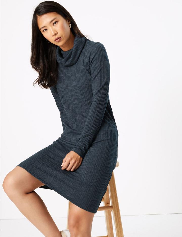 Marks & Spencer Ribbed Cowl Neck Shift Dress Navy
