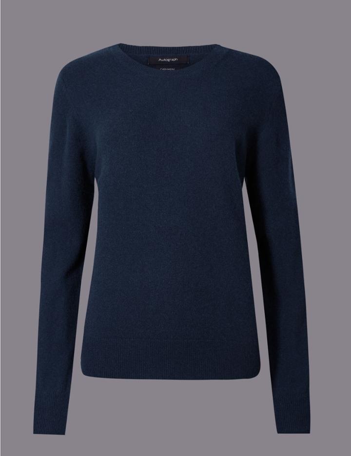 Marks & Spencer Pure Cashmere Ribbed Round Neck Jumper Medium Navy