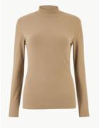 Marks & Spencer Textured Turtle Neck Long Sleeve T-shirt Light Buff