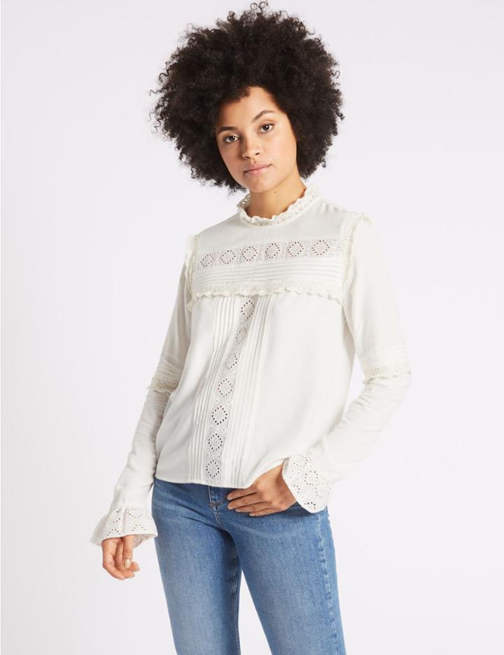 Marks & Spencer Ruffle Round Neck Long Sleeve Blouse Cream
