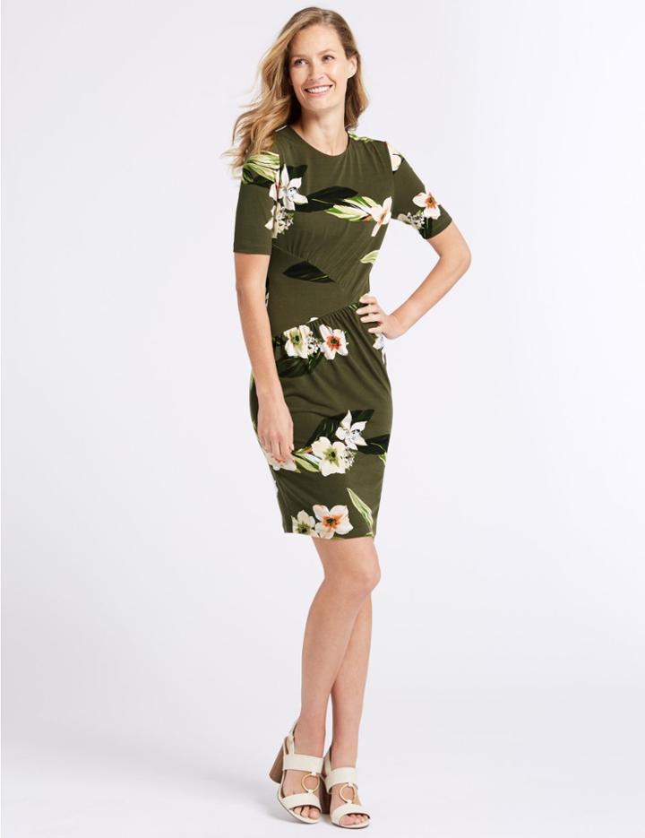 Marks & Spencer Floral Print Jersey Bodycon Dress Dark Green Mix