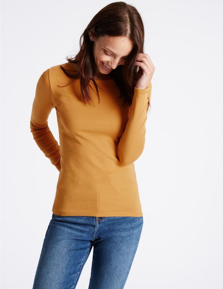 Marks & Spencer Pure Cotton Round Neck Long Sleeve T-shirt Antique Brass