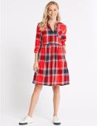 Marks & Spencer Pure Cotton Checked Drop Waist Dress Red Mix