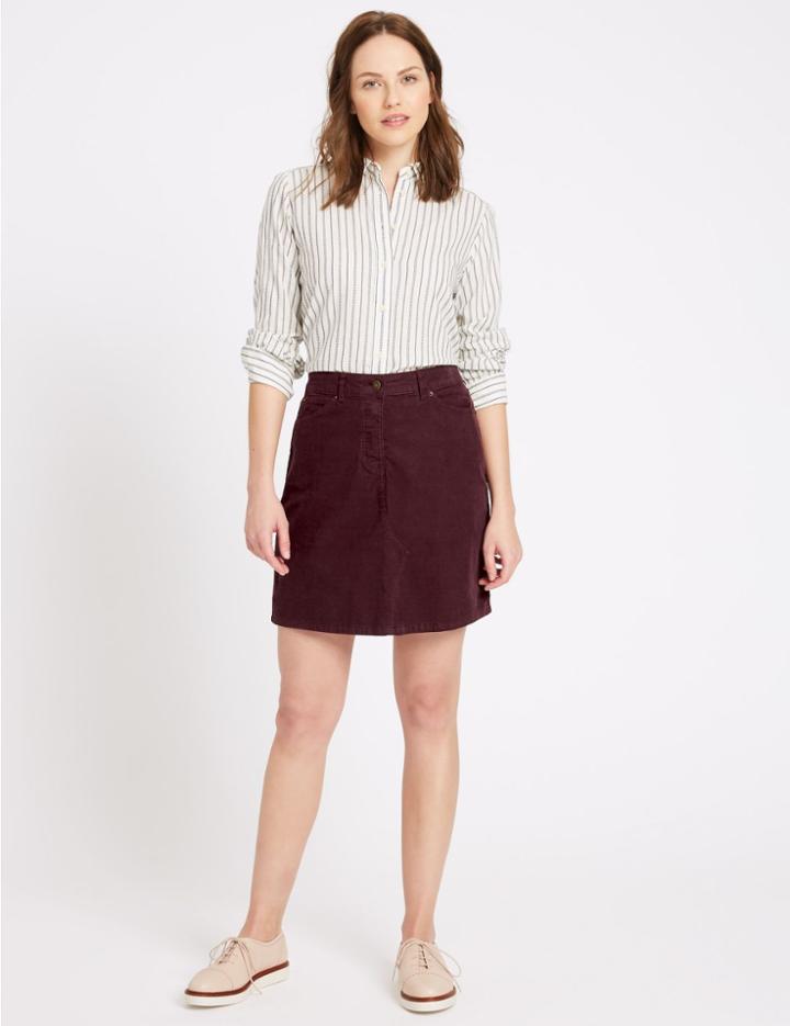 Marks & Spencer Cotton Rich Cord A-line Midi Skirt Dark Grape