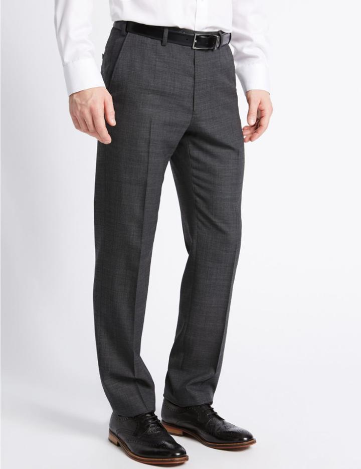 Marks & Spencer Tailored Fit Wool Blend Textured Trousers Charcoal