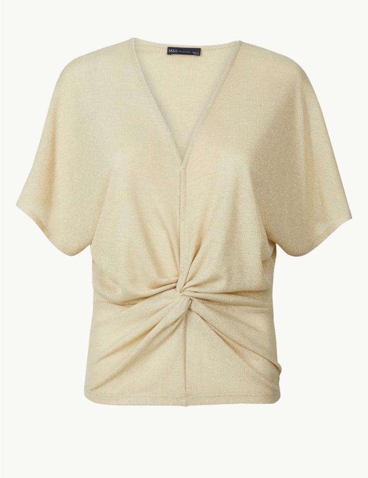 Marks & Spencer Sparkly Twist Front Short Sleeve Top Gold