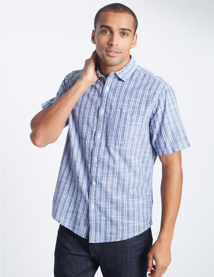 Marks & Spencer Pure Cotton Striped Shirt Chambray Mix