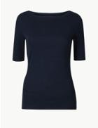 Marks & Spencer Pure Cotton Boat Neck Regular Fit T-shirt Navy