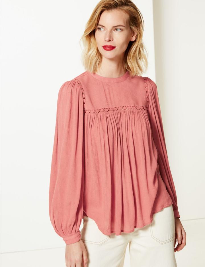 Marks & Spencer Lace Insert High Neck Long Sleeve Blouse Terracotta