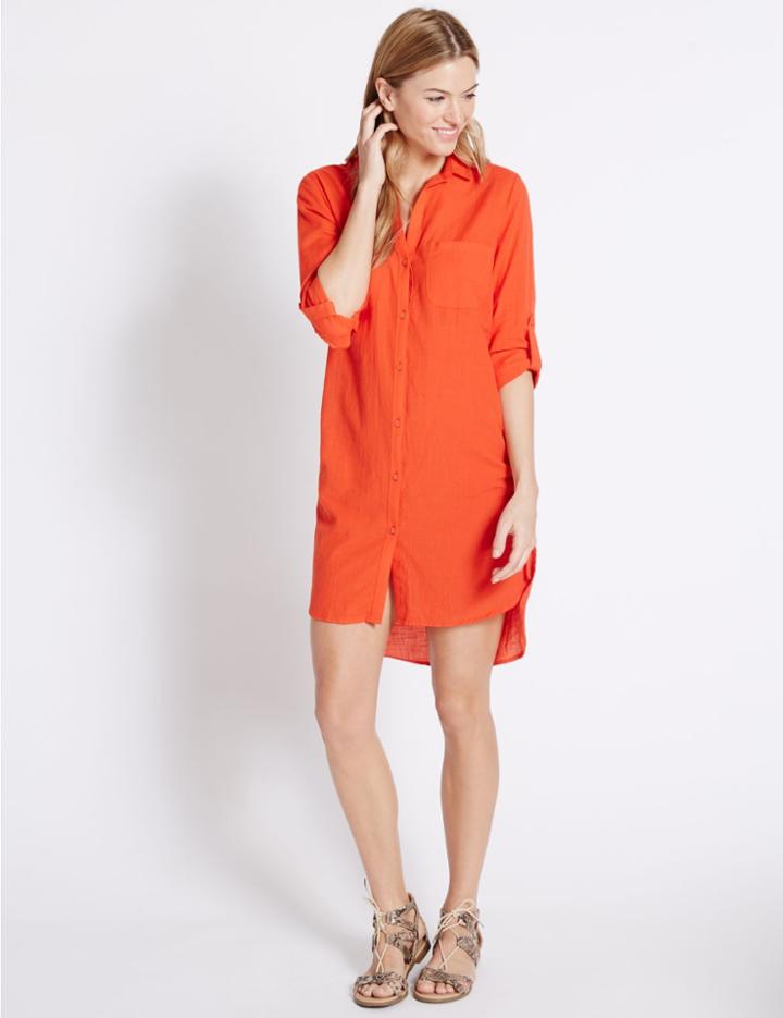 Marks & Spencer Pure Cotton Dipped Hem Shirt Dress Orange