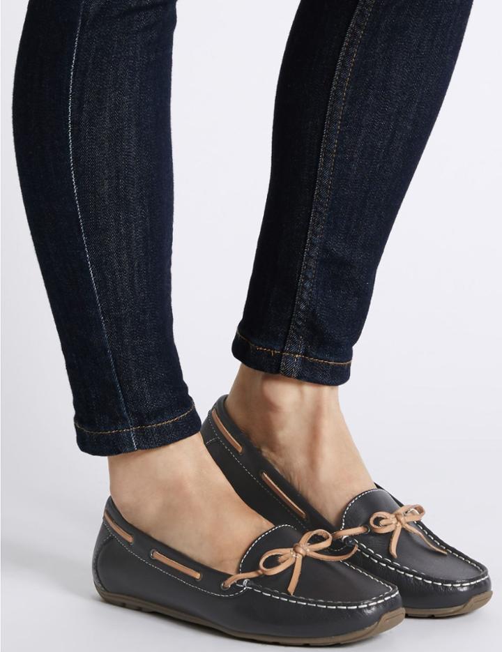 Marks & Spencer Wide Fit Leather Square Toe Boat Shoes Navy
