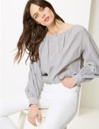 Marks & Spencer Pure Cotton Striped Blouson Sleeve Blouse Ivory Mix