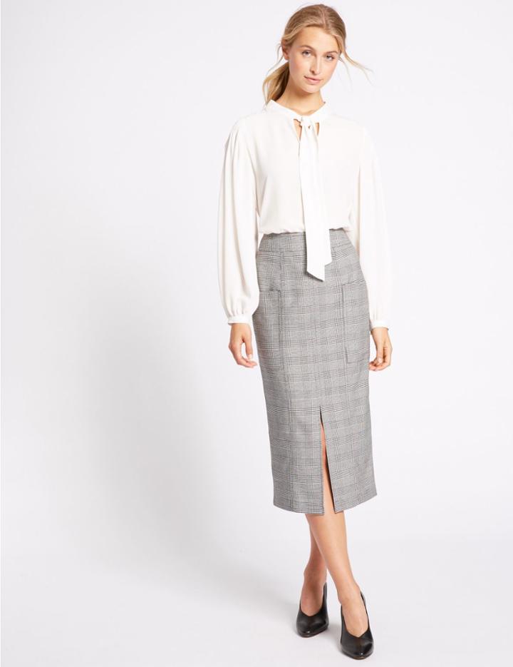 Marks & Spencer Checked Front Split Pencil Midi Skirt Black Mix