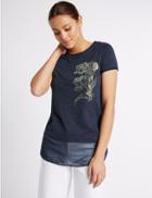 Marks & Spencer Cotton Blend Caviar Beaded T-shirt Navy