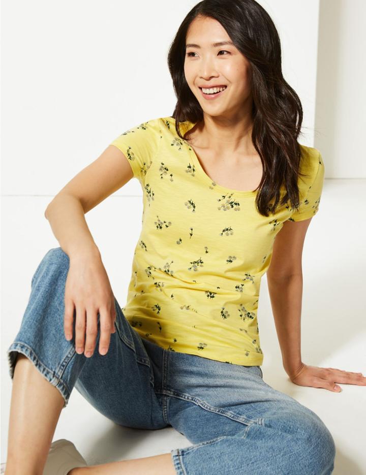 Marks & Spencer Pure Cotton Floral Print Regular Fit T-shirt Yellow Mix