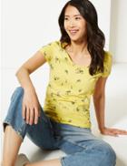 Marks & Spencer Pure Cotton Floral Print Regular Fit T-shirt Yellow Mix