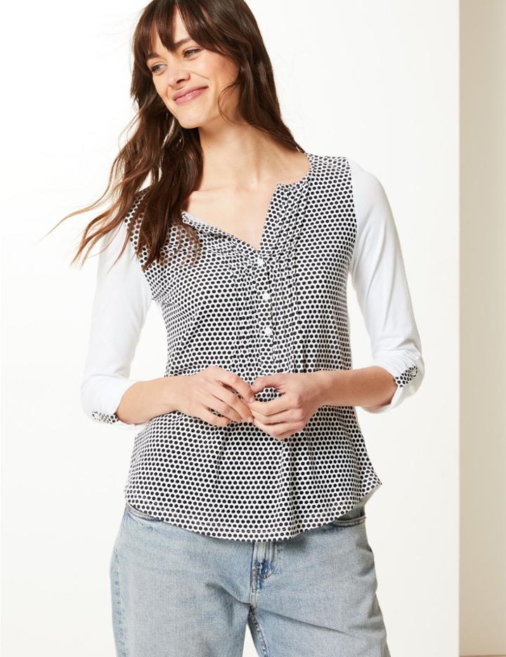 Marks & Spencer Polka Dot V-neck Long Sleeve Blouse Black Mix