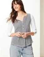 Marks & Spencer Polka Dot V-neck Long Sleeve Blouse Black Mix