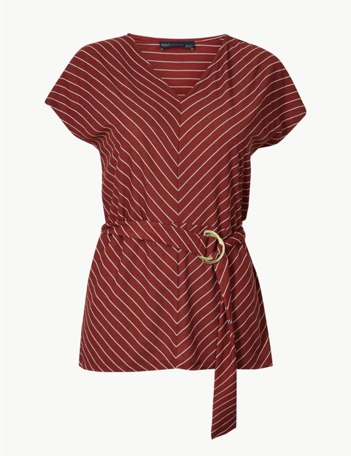 Marks & Spencer Striped V-neck Short Sleeve Blouse Rust Mix