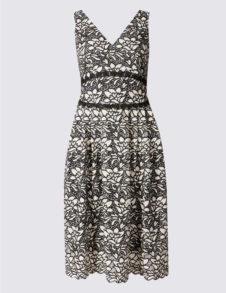 Marks & Spencer Petite Floral Lace Skater Midi Dress Black Mix