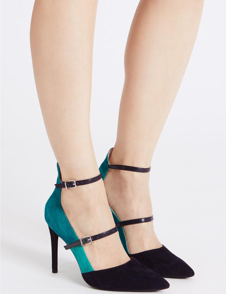 Marks & Spencer Leather Stiletto Heel Strap Court Shoes Green Mix