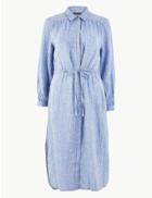 Marks & Spencer Petite Pure Linen Striped Shirt Midi Dress Chambray Mix