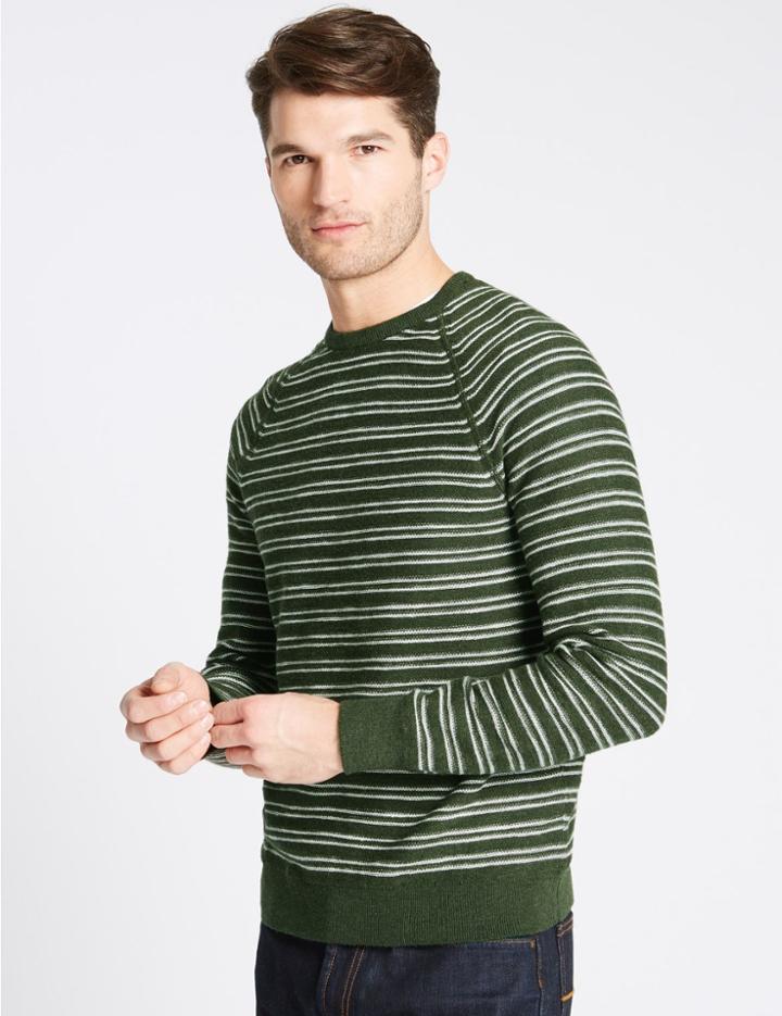 Marks & Spencer Pure Cotton Striped Jumpers Khaki Mix