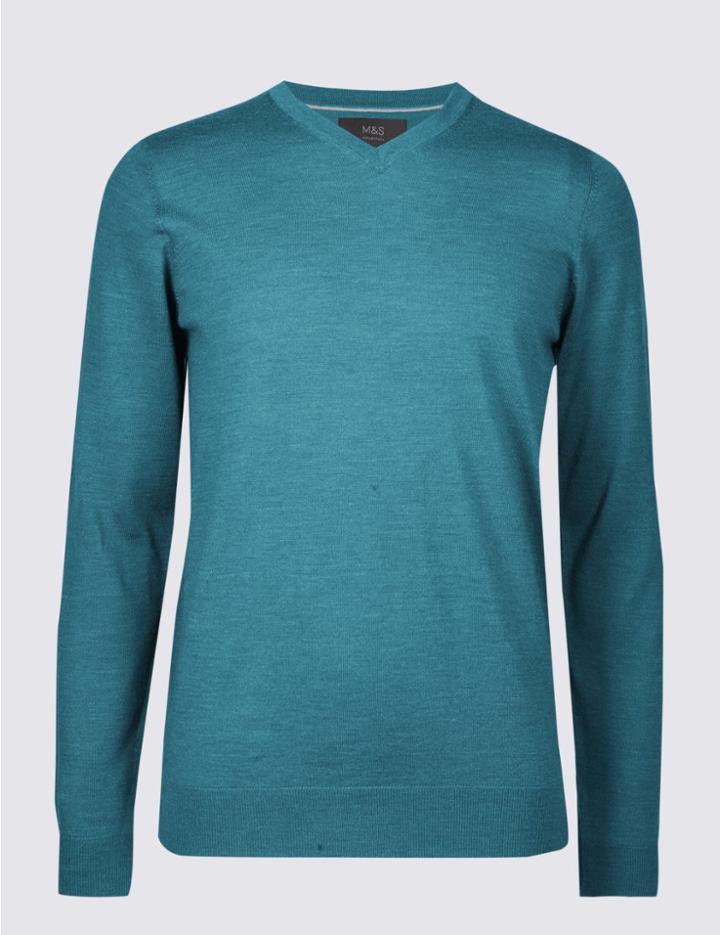 Marks & Spencer Pure Merino Wool Crew Neck Jumper Petrol Green